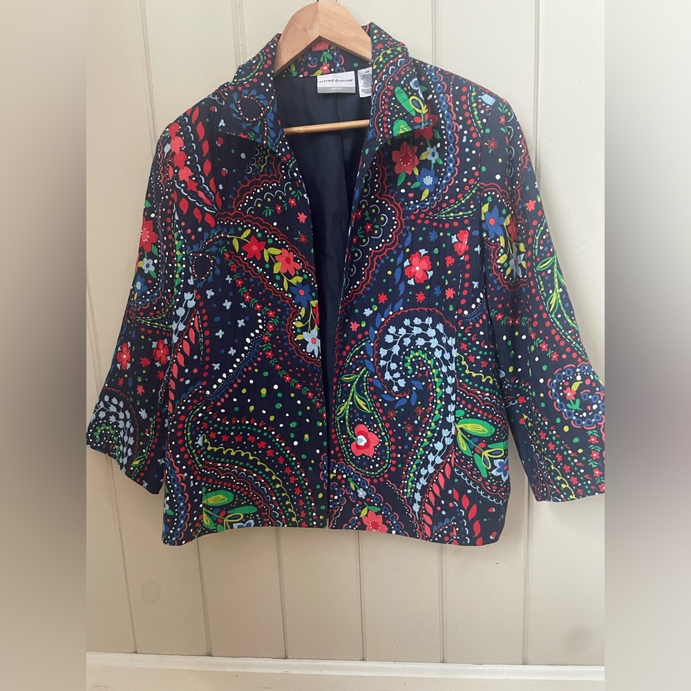 Alfred Dunner women’s 14P navy blue floral paisley blazer jacket art to wear😍